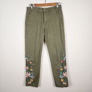 Driftwood‎ Hopscotch Embroidered Chino Boyfriend Pants Women's XS Olive Green